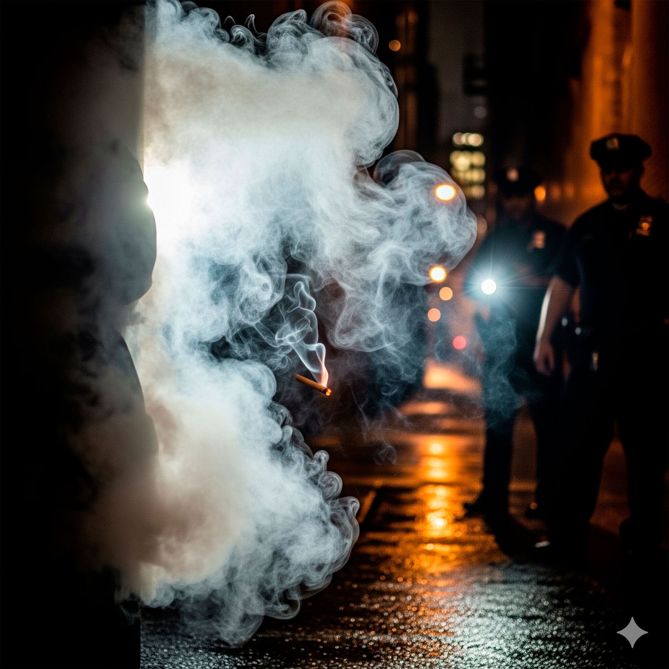 Persona fumando de noche mientras la policía se acerca en segundo plano.