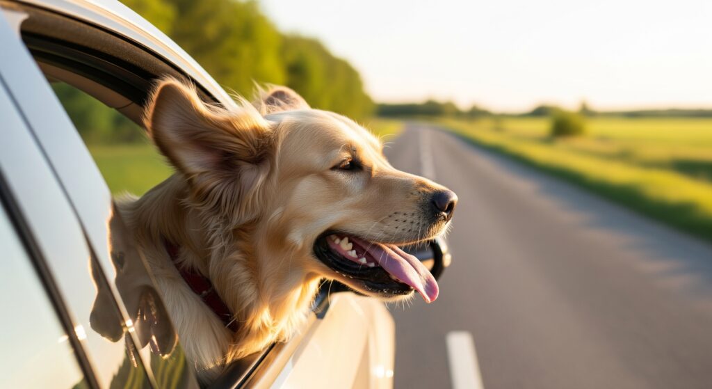 Ein Golden Retriever-Hund genießt eine Autofahrt mit dem Kopf aus dem Fenster, was einen Moment der Entspannung und des Komforts darstellt. Im Zusammenhang mit der Verwendung von CBD-Ölen zur Förderung des Wohlbefindens von Haustieren.