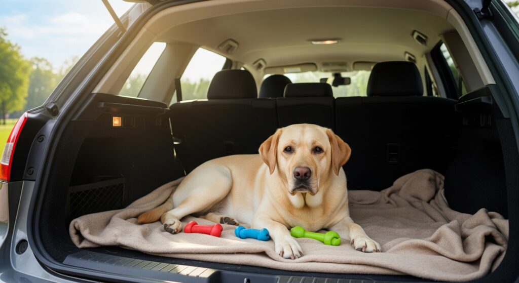 Ein Labrador Retriever liegt gemütlich im Kofferraum eines SUV auf einer Decke, umgeben von buntem Spielzeug. Das Bild veranschaulicht die Pflege und den Komfort, den CBD-Öl als Teil einer natürlichen Wellness-Routine für Hunde bietet.