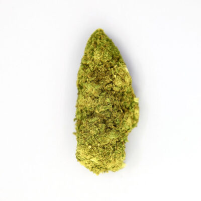 Cogollo de CBD variedad AK47 Indoor sobre fondo blanco.
