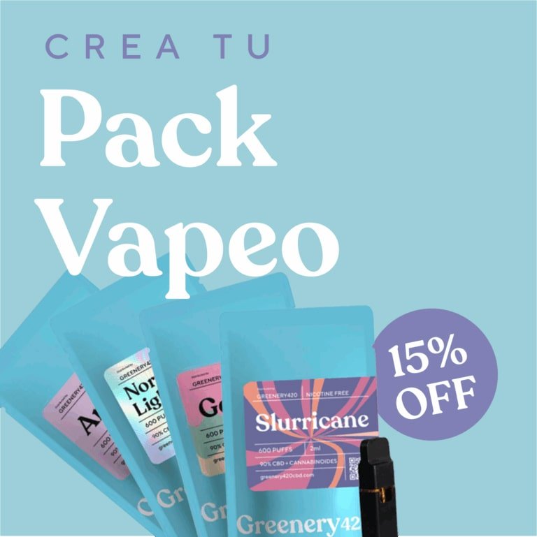 banner pack vapeo greenery420 con vapers sabores y descuento 15 por ciento