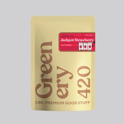 imagen sobre fondo gris de Hash de CBD Jackpot Strawberry 3x filtered by Greenery420